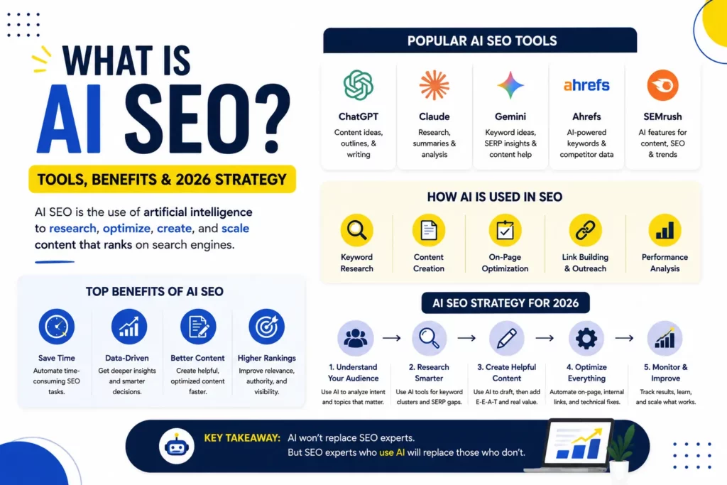AI SEO workflow showing automation, content optimization, AI search visibility, citations, and human review