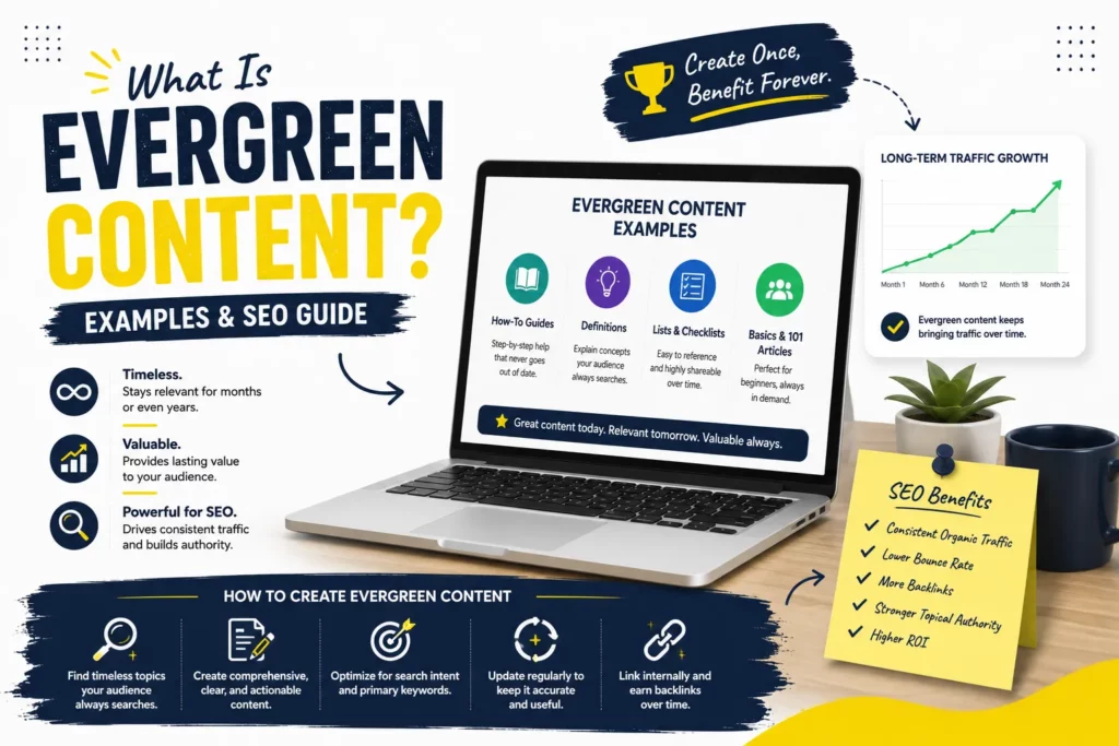 Evergreen content strategy showing long-term organic traffic, content updates, and timeless SEO topics