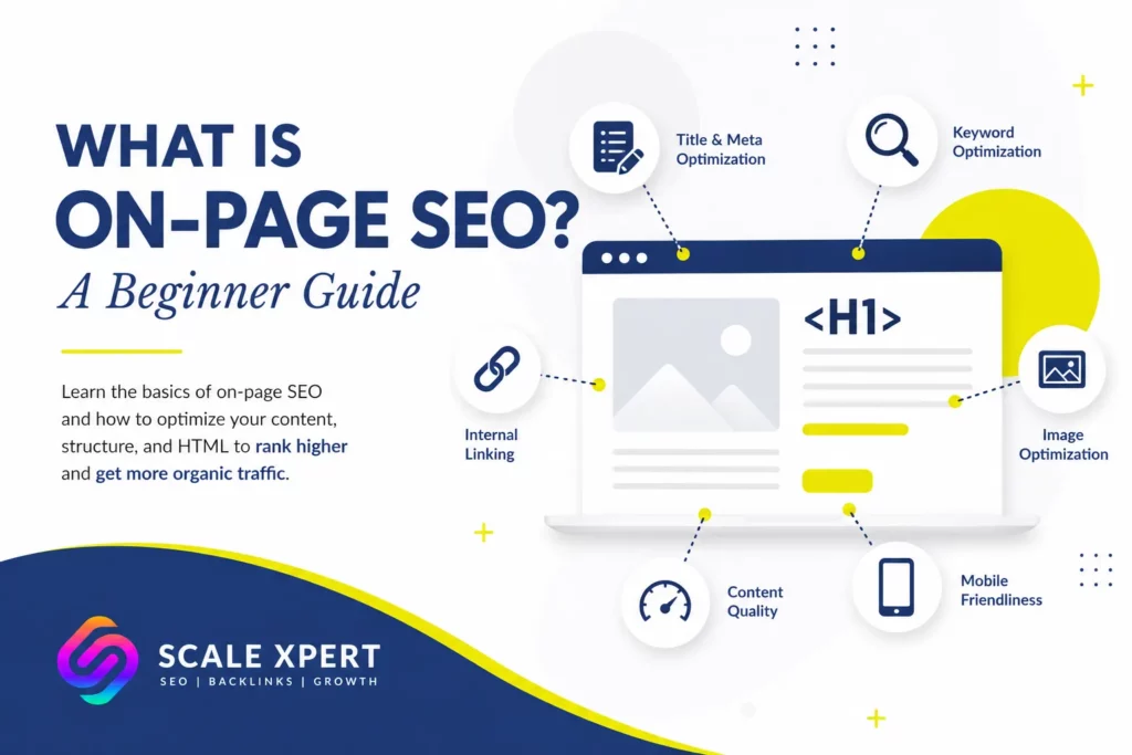 What is on-page SEO beginner guide showing titles, headings, content, images, URLs, and internal links