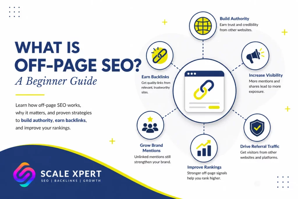 What is off-page SEO guide showing backlinks, brand mentions, digital PR, reviews, and website authority