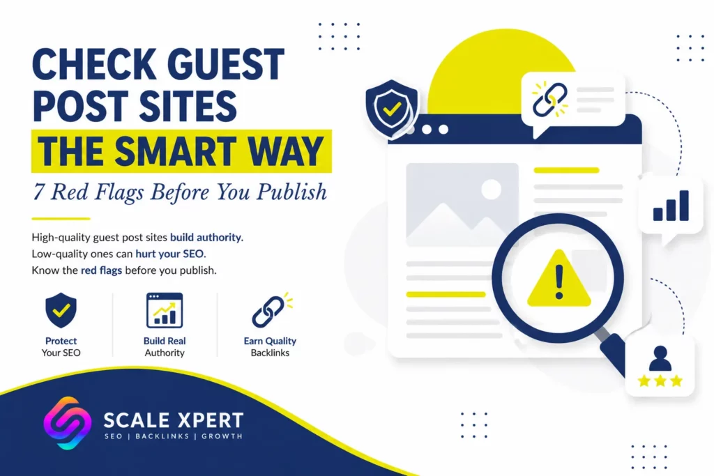 SEO specialist checking guest post site quality using traffic, relevance, indexation, outbound links, and author signals