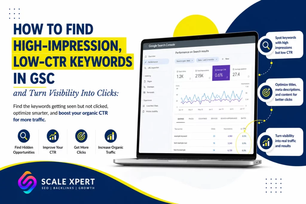 Google Search Console report showing high-impression, low-CTR keywords and opportunities to increase organic clicks