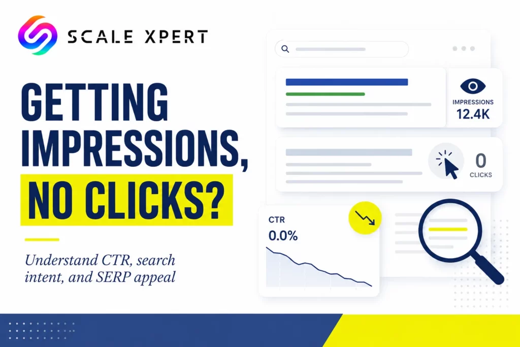 Google Search Console graph showing high website impressions but no clicks and a low organic click-through rate
