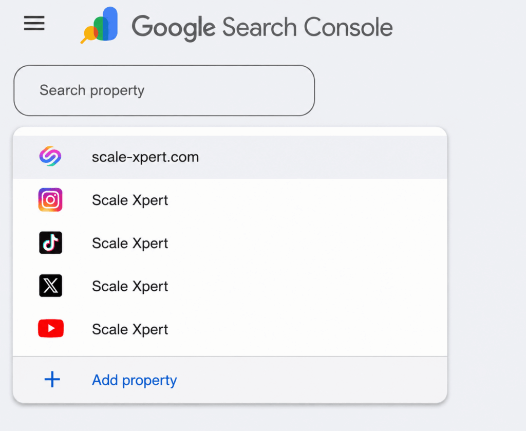 Google Search Console property dropdown with Scale Xpert website and social media properties
